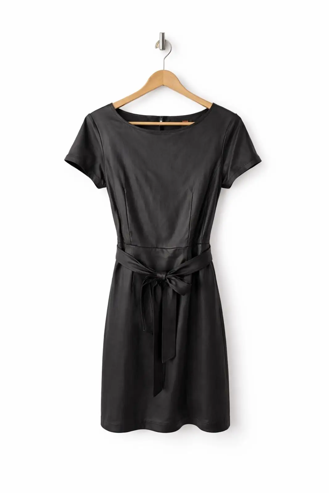 Black Faux Leather Dress with Tie Belt