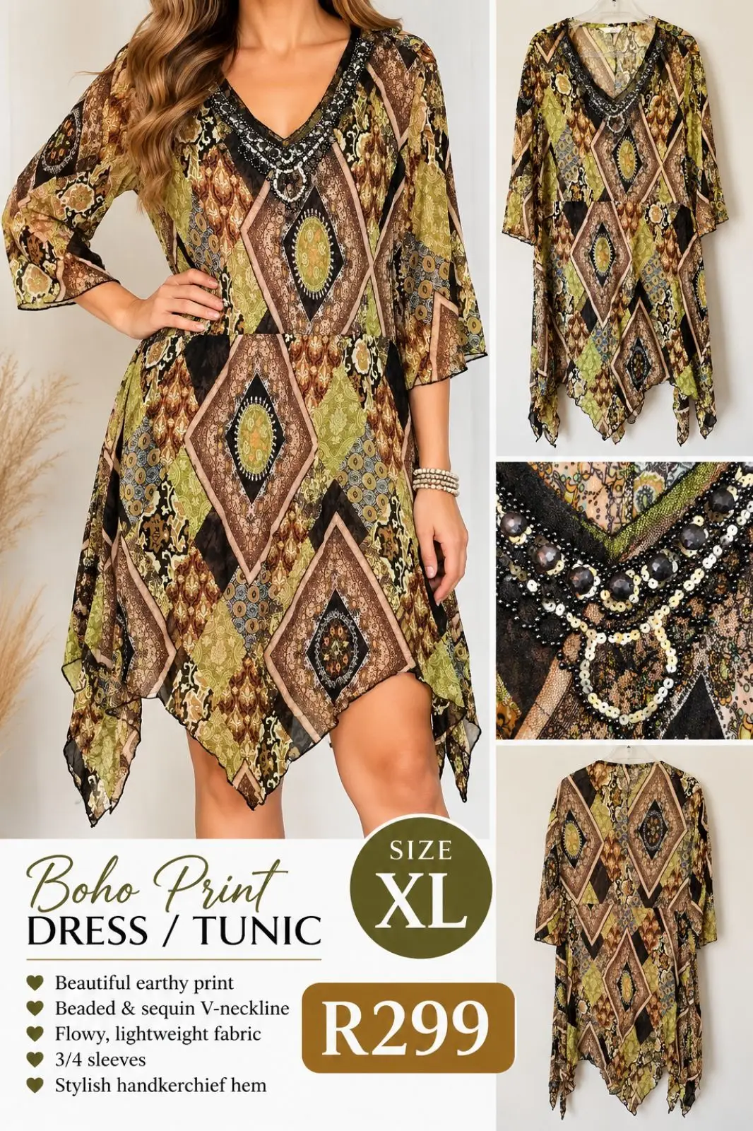 Boho Print Tunic Dress with Beaded V-Neck