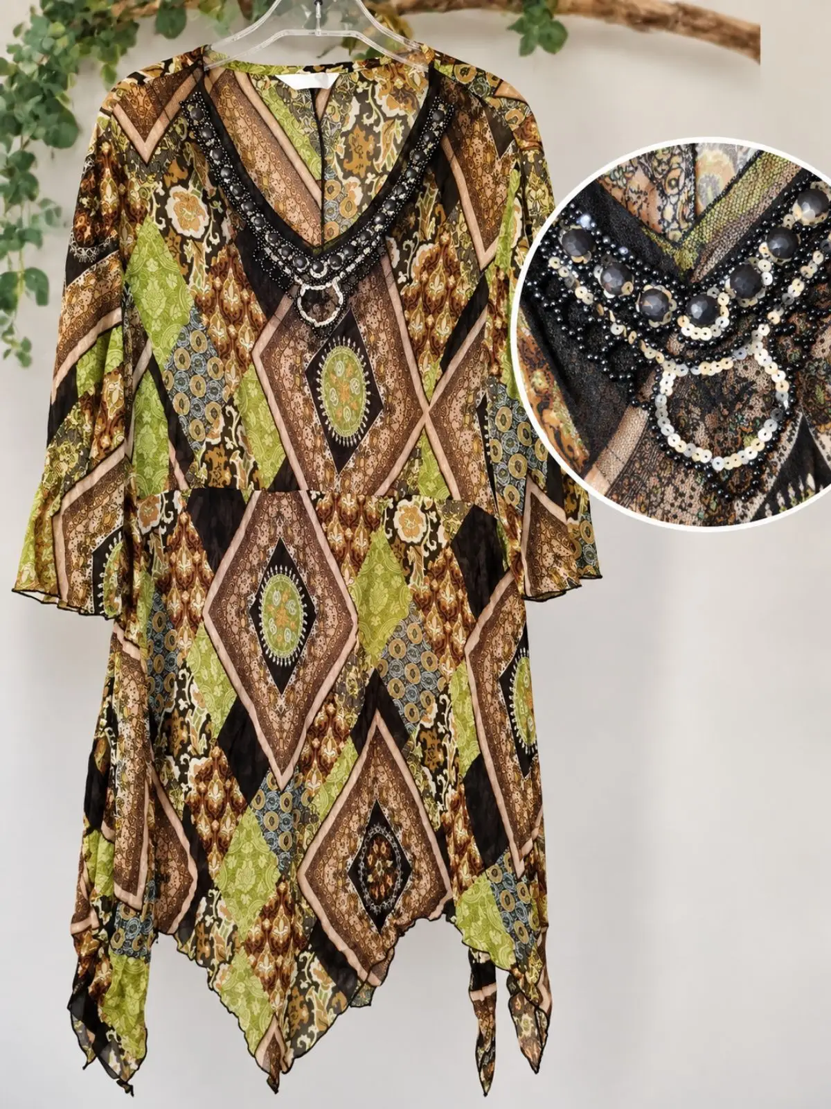 Boho Print Tunic Dress with Beaded V-Neck