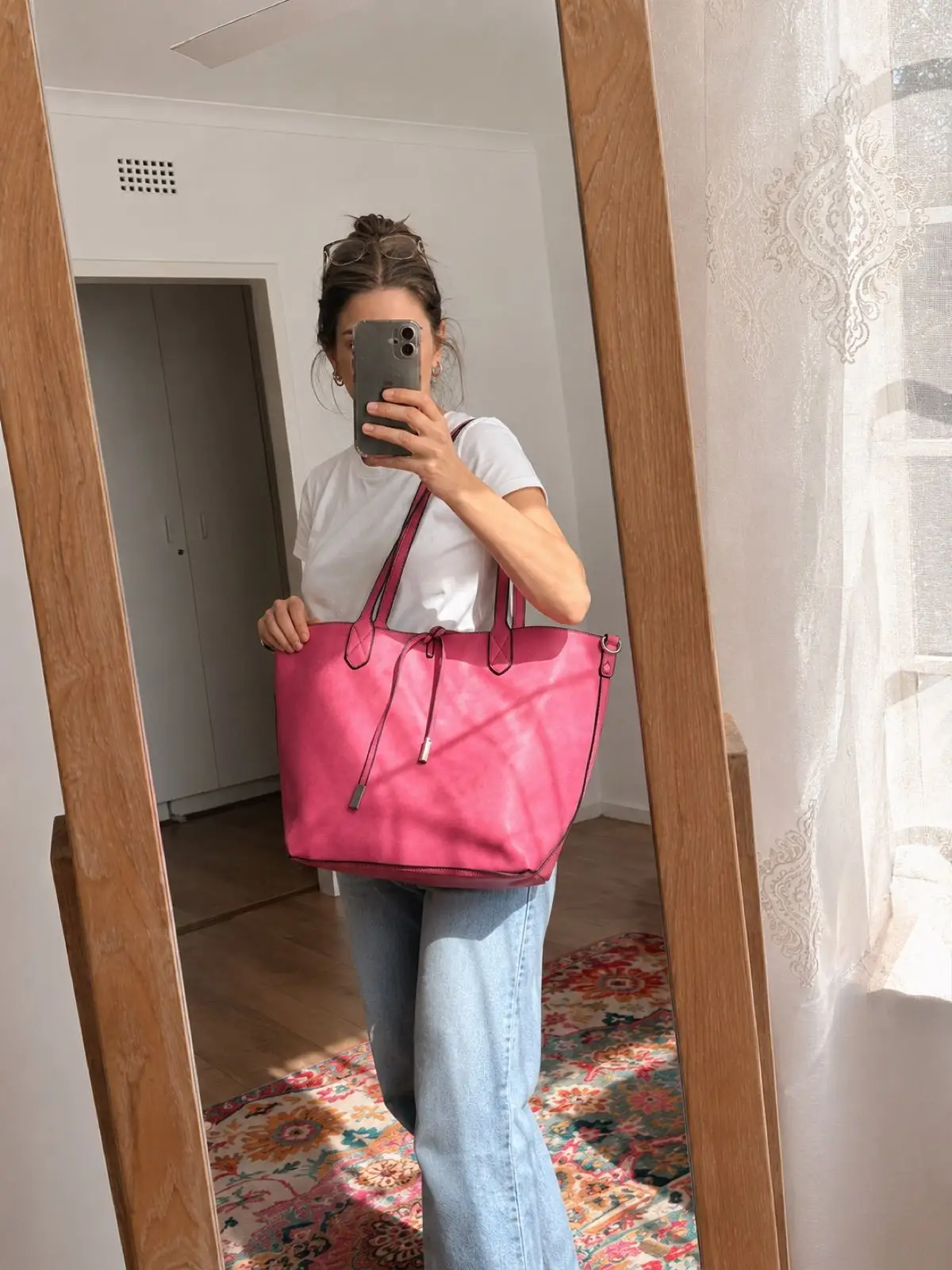 Patterned Tote Bag with Pink Straps