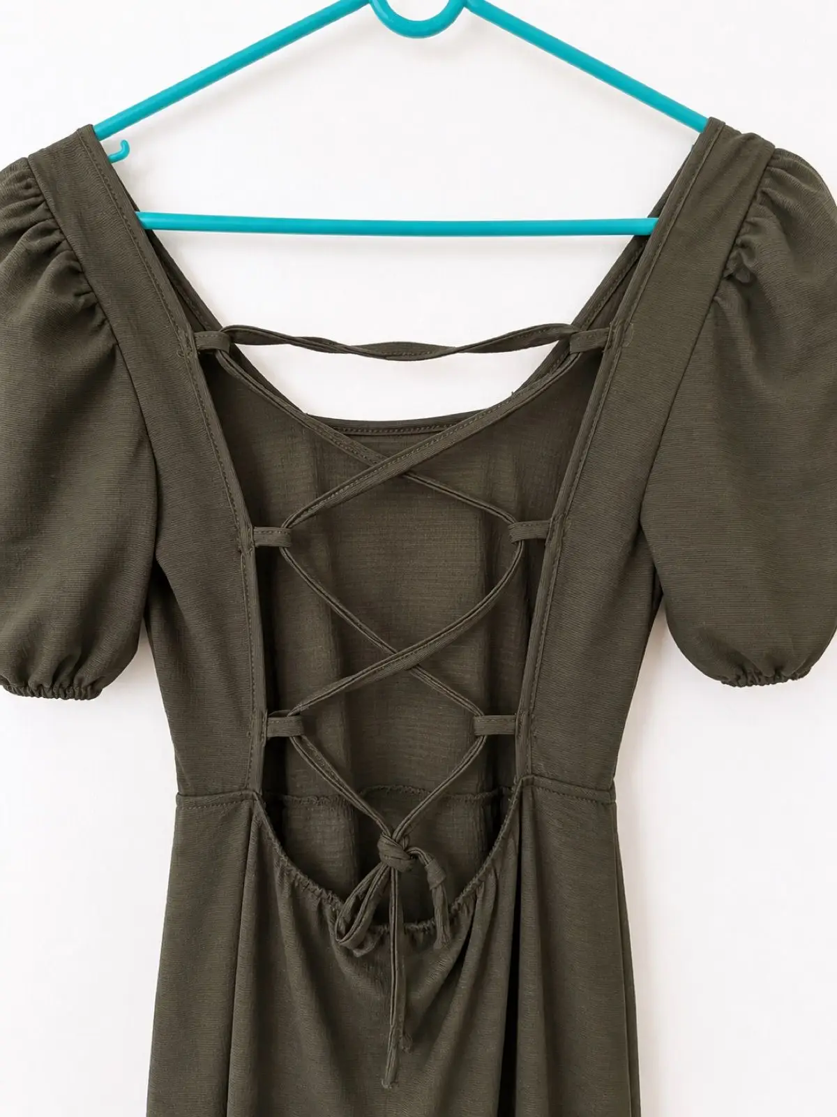 Olive Green Puff Sleeve Lace-Up Back Dress