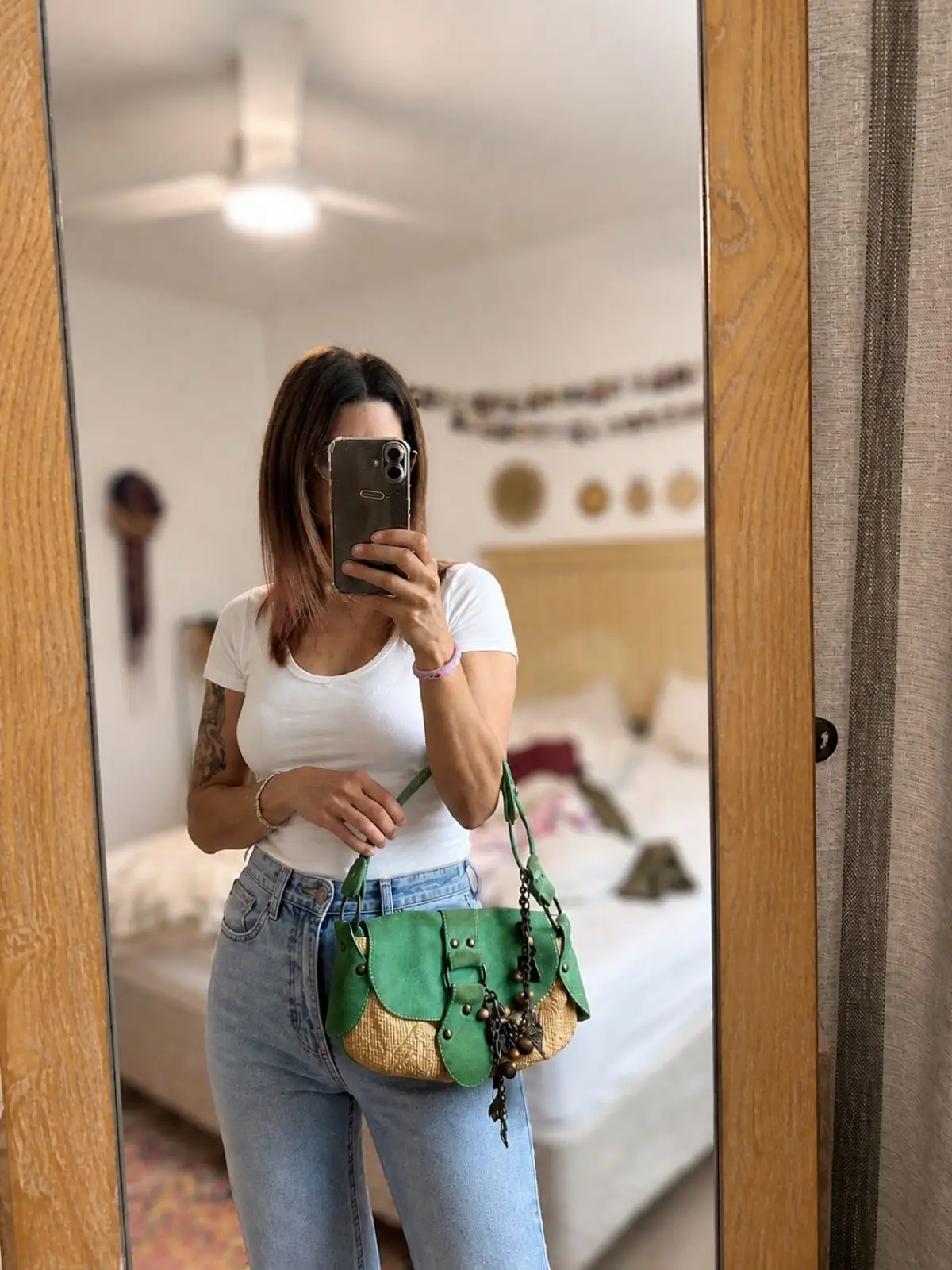 Green Suede and Straw Shoulder Bag with Charms
