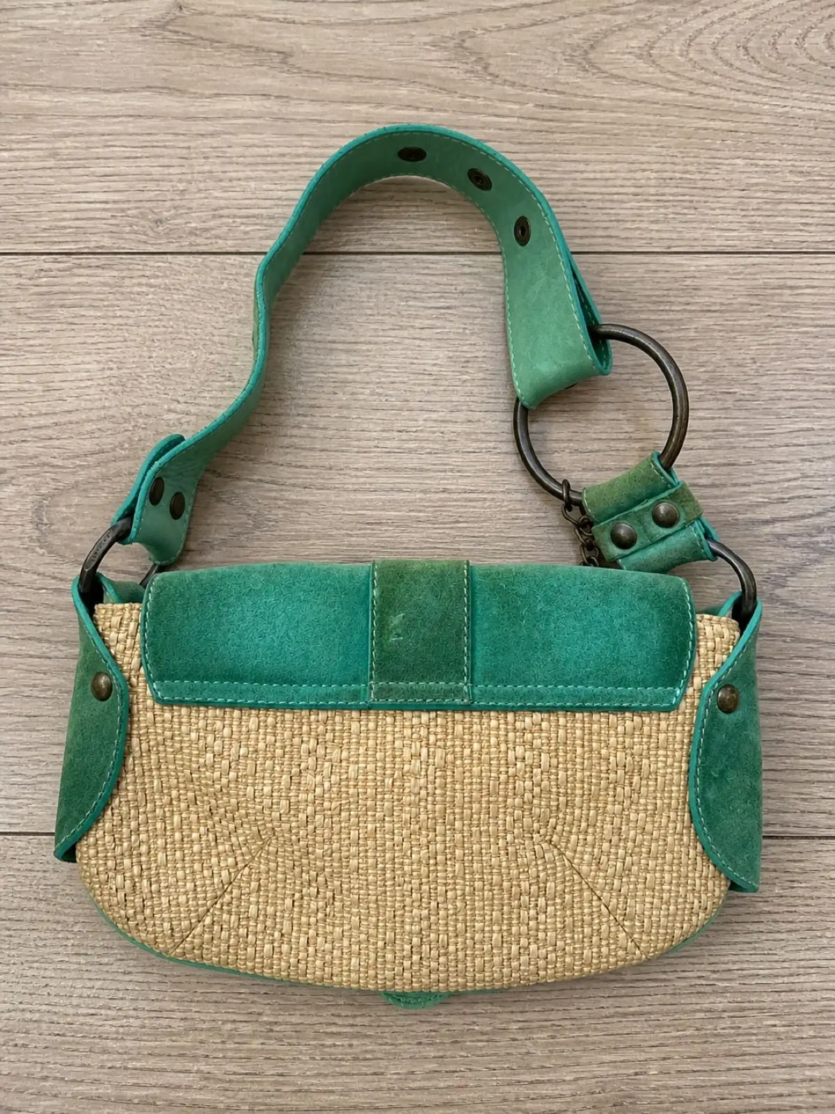 Green Suede and Straw Shoulder Bag with Charms