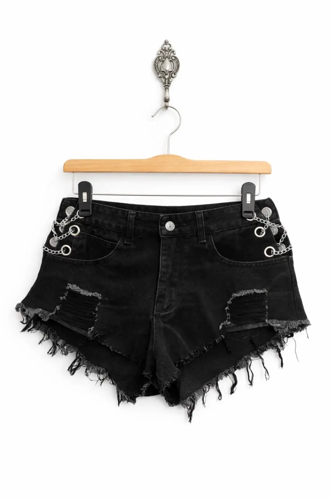 Shein Black Distressed Denim Shorts with Chain Detail Size 30