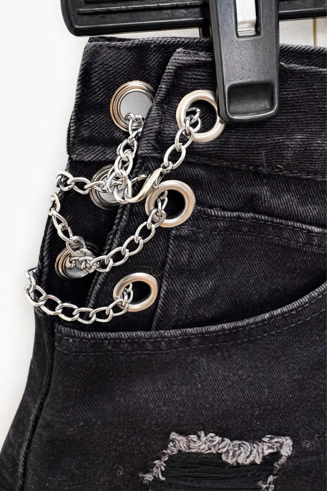 Shein Black Distressed Denim Shorts with Chain Detail Size 30