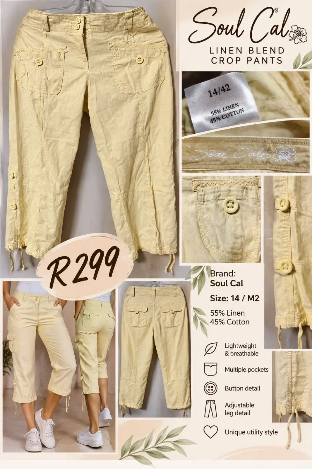Soul Cal Yellow Linen Blend Crop Pants Size 14