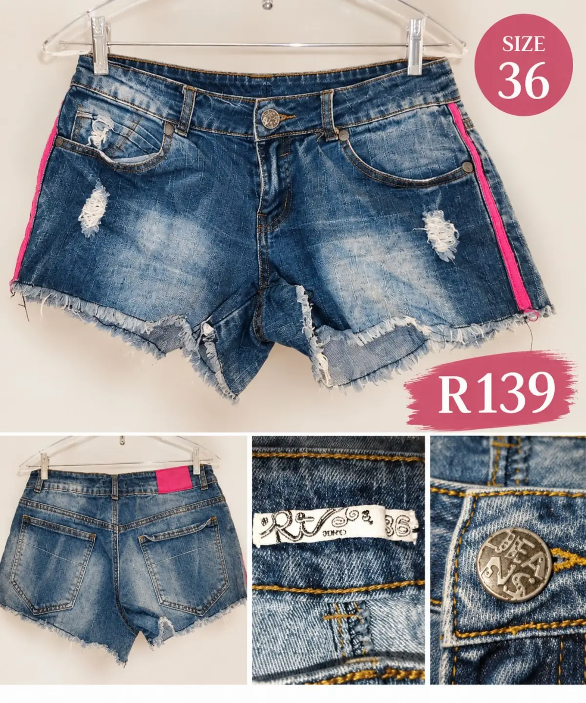 Rise Distressed Denim Shorts with Pink Stripes Size 36