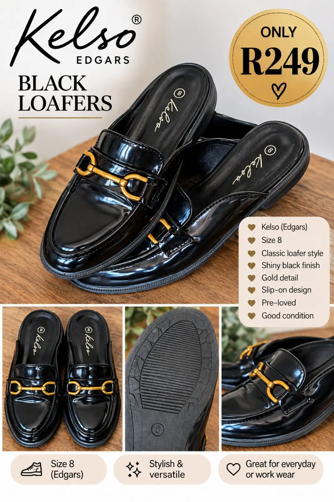 Kelso Edgars Black Loafer Mules Size 8