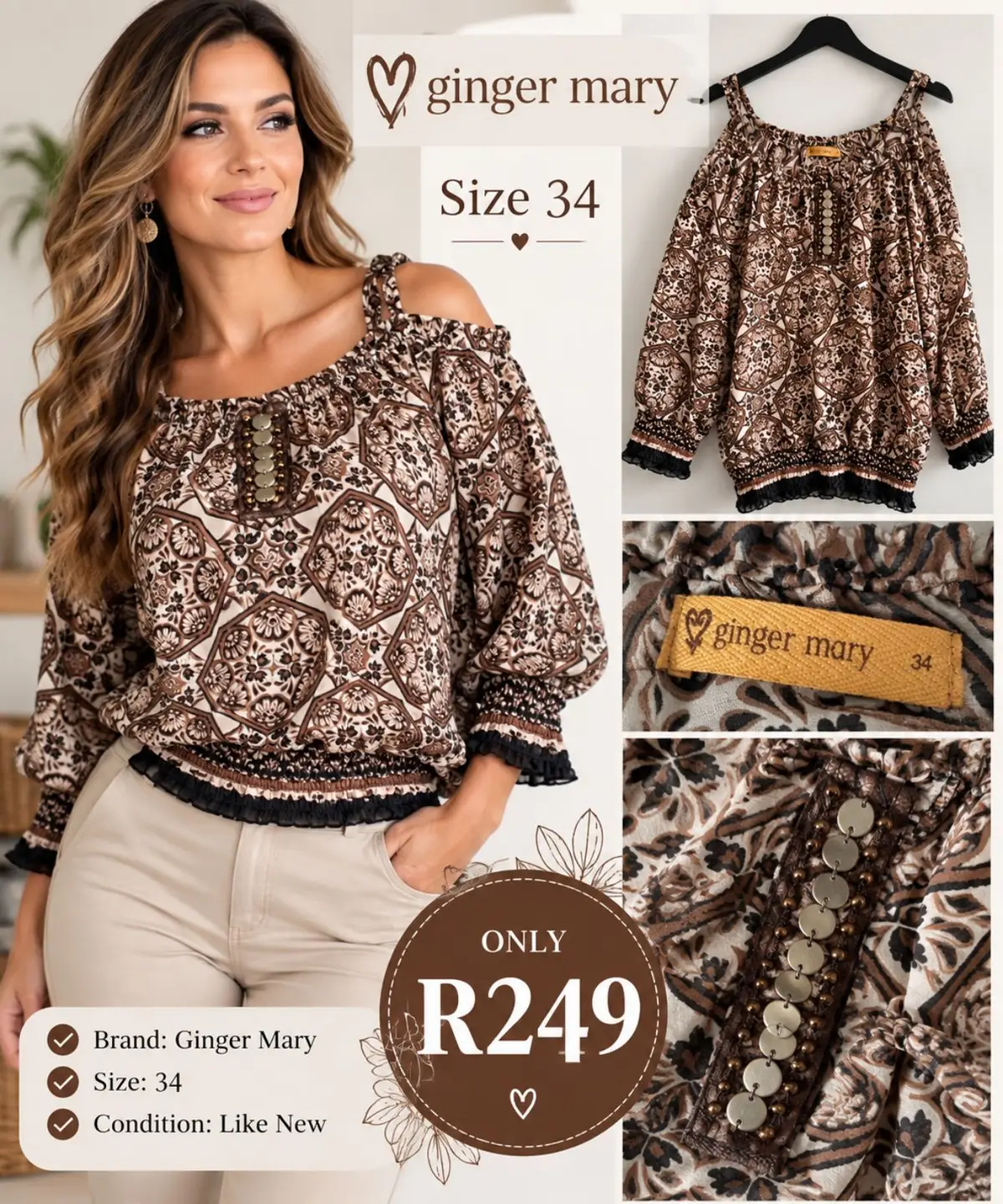 Ginger Mary Patterned Cold-Shoulder Top Size 34