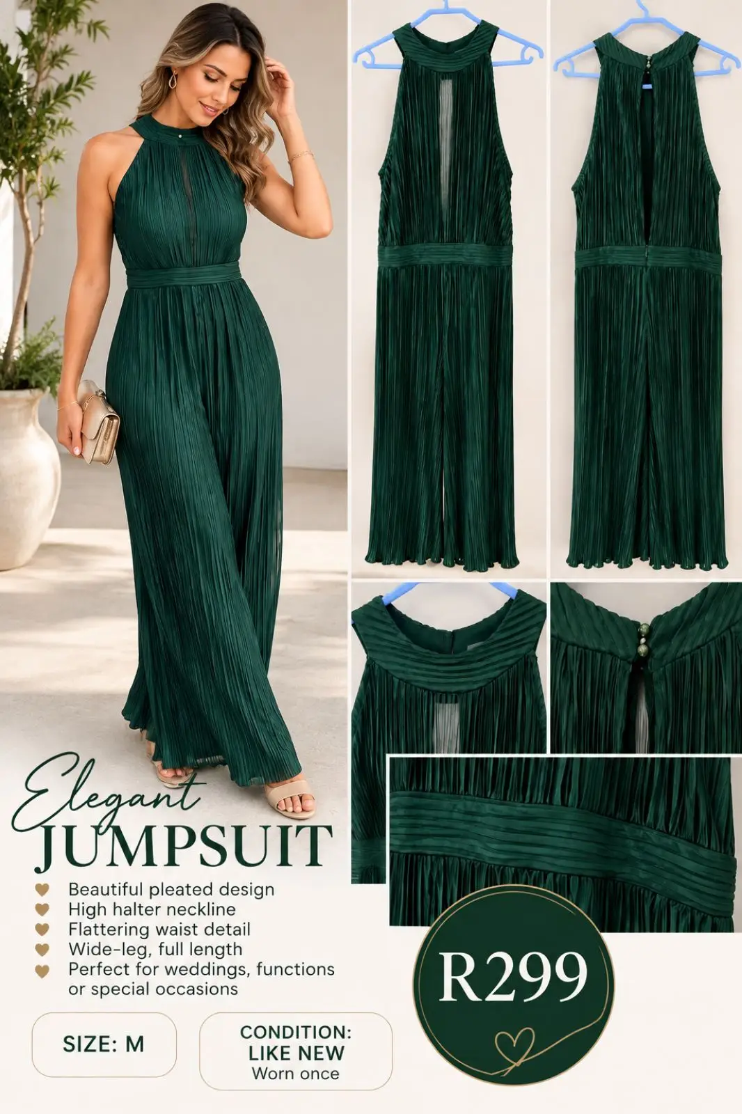 Green Pleated Halter Neck Wide-Leg Jumpsuit