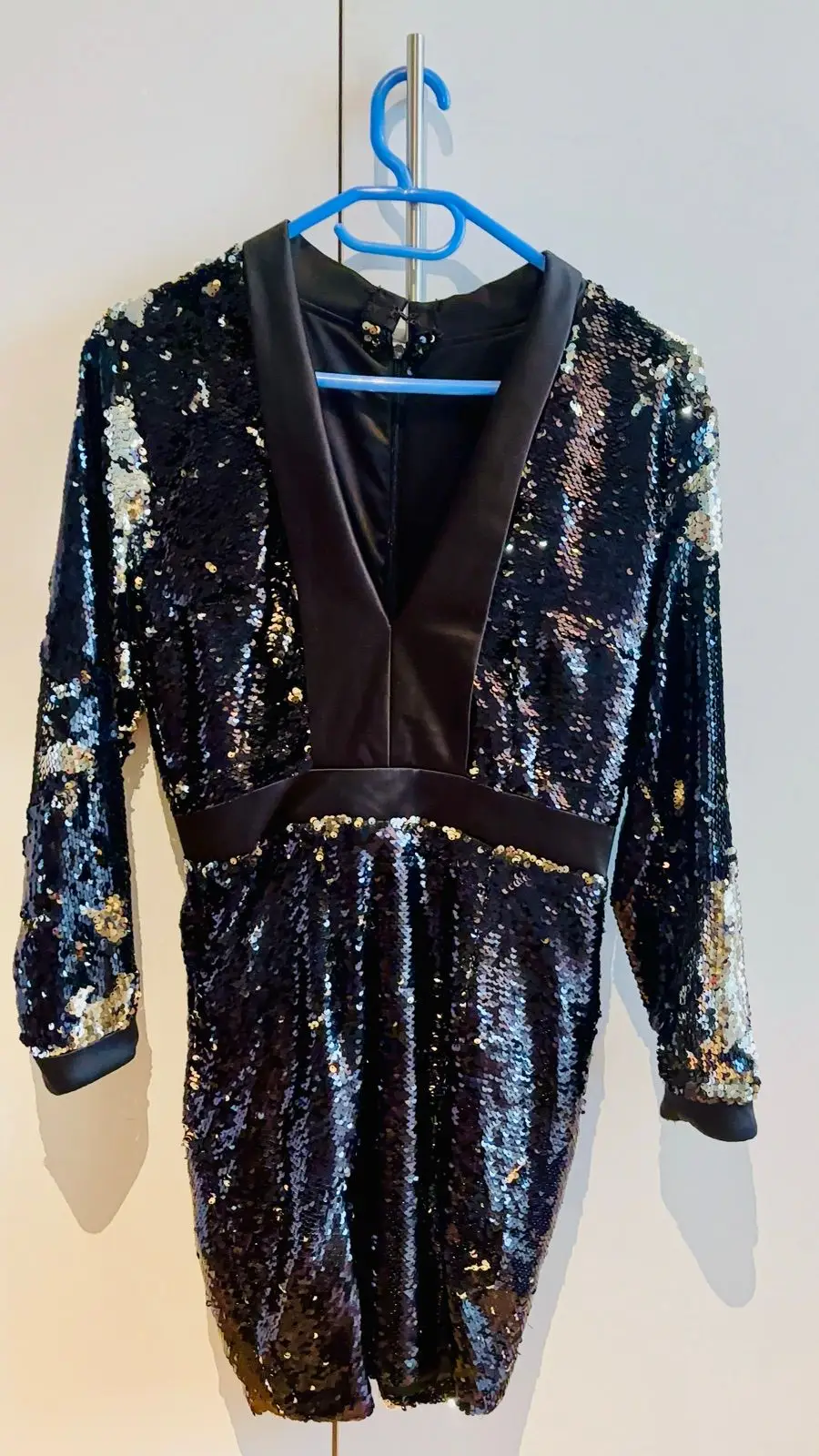 Black Sequin Long Sleeve Dress with Satin Trim