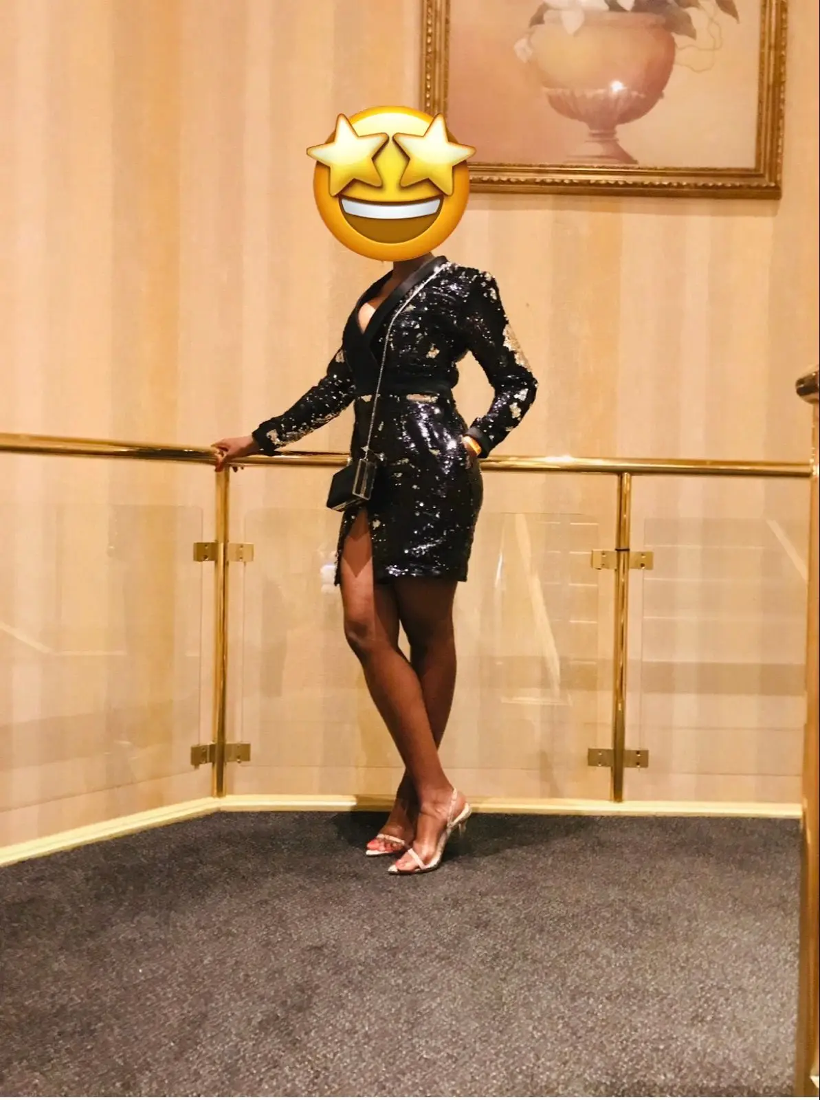 Black Sequin Long Sleeve Dress with Satin Trim