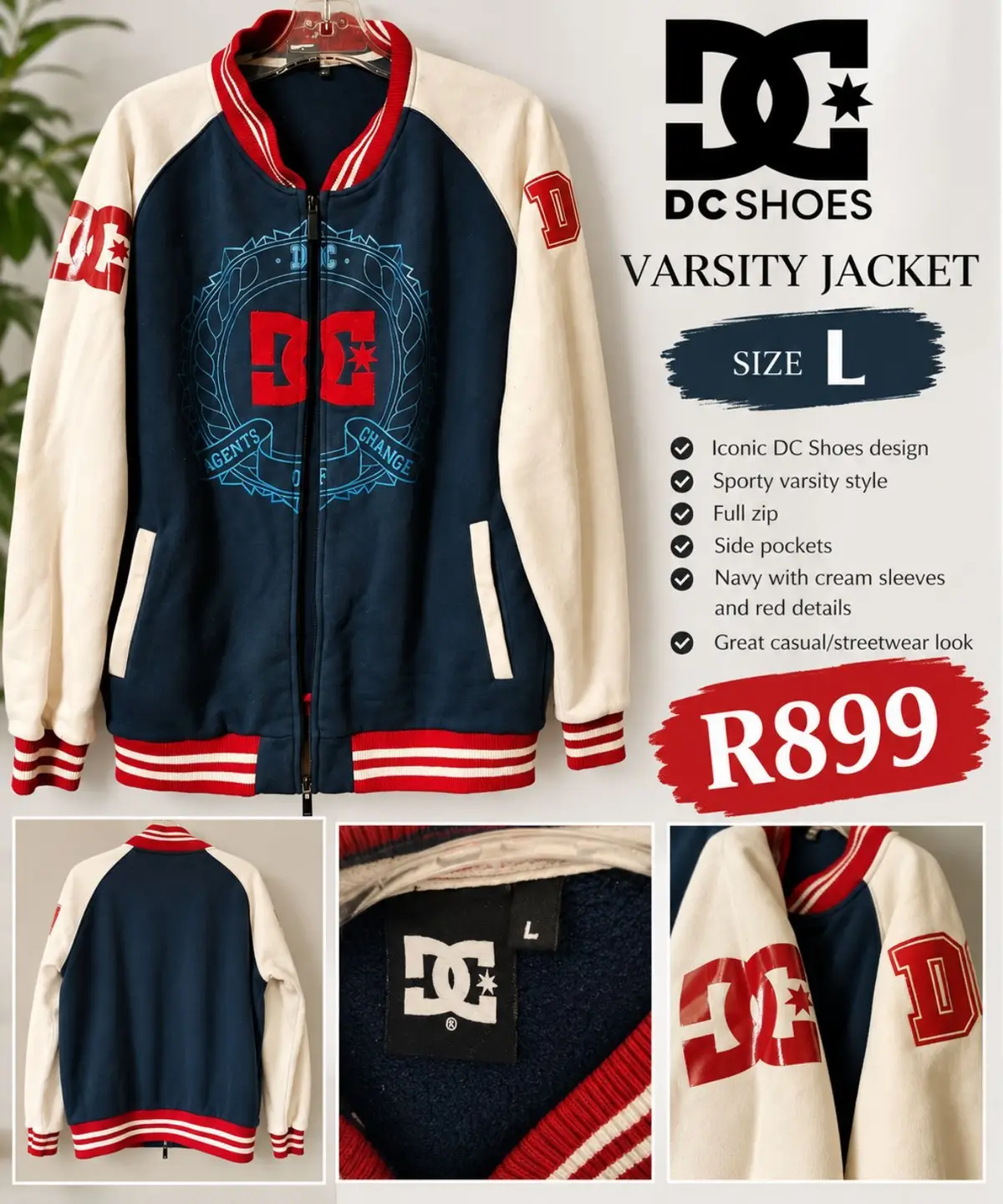 DC Shoes Varsity Jacket Navy Cream Large