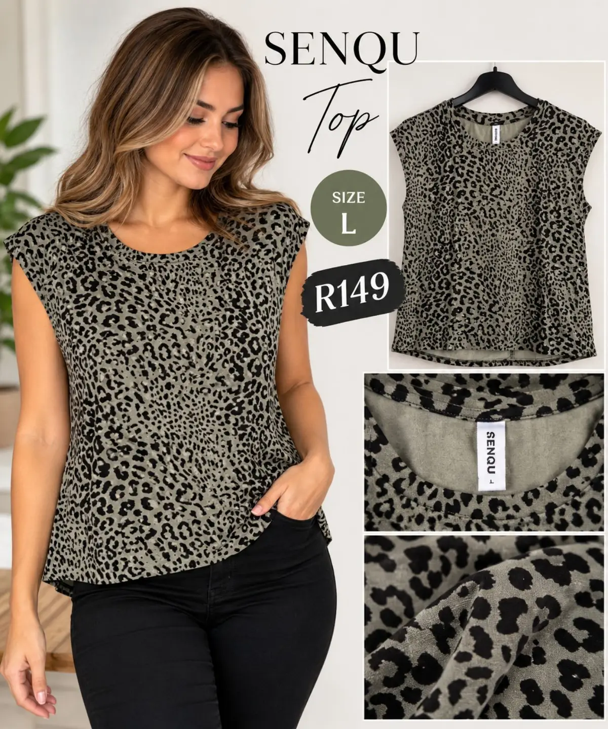 Senqu Leopard Print Top Green Size L