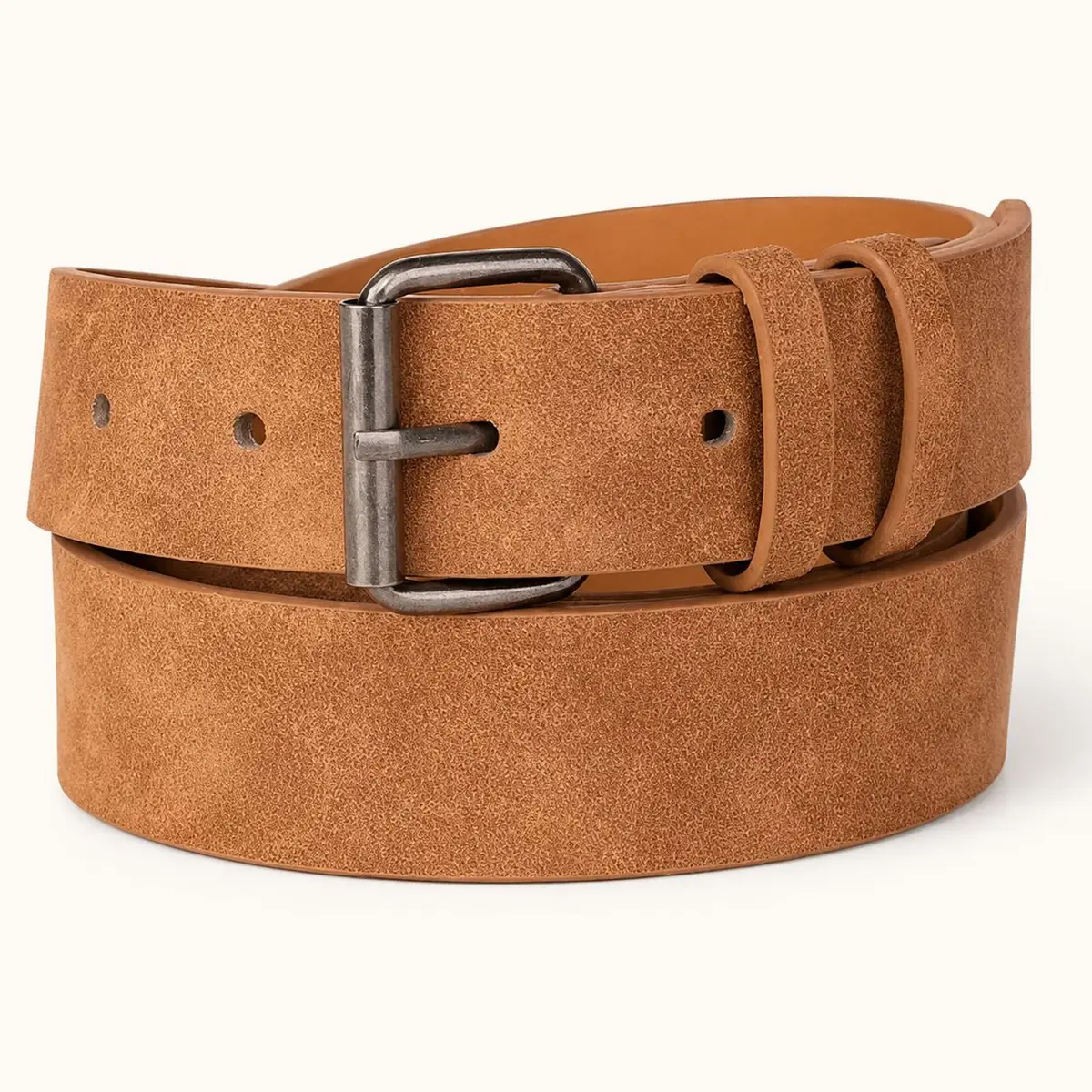 Tan Suede Belt with Dark Metal Buckle