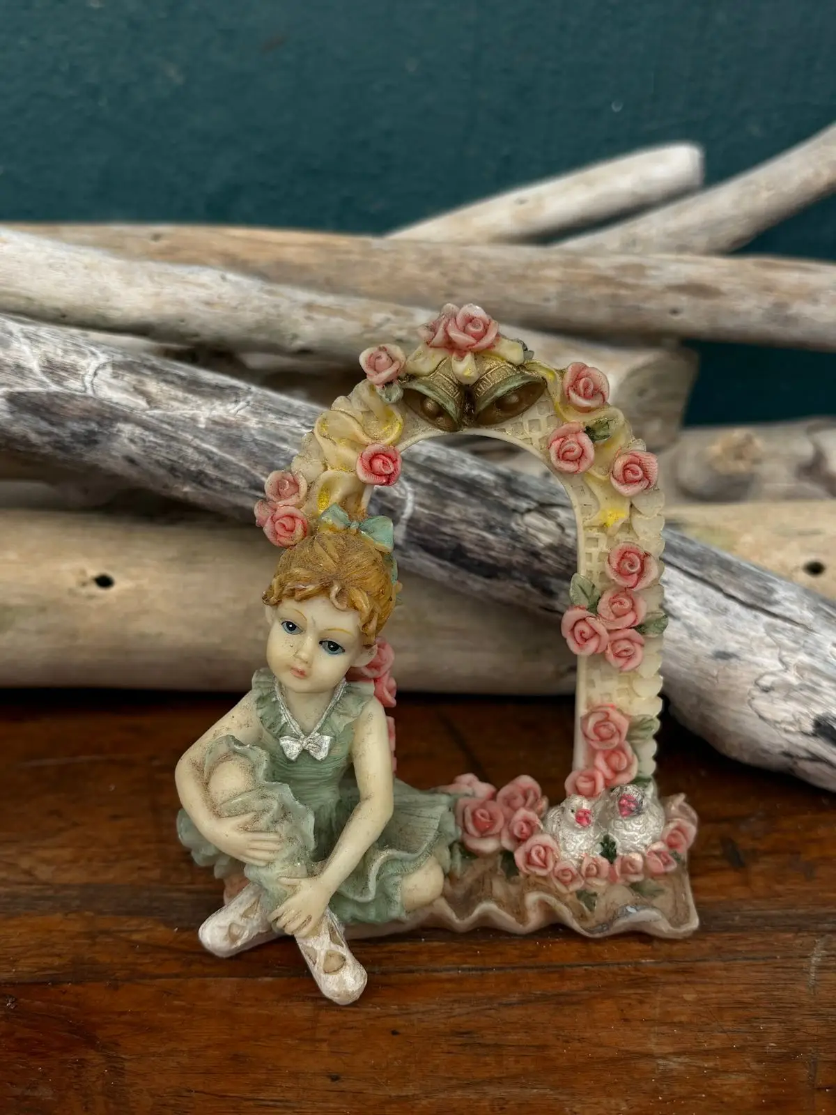Resin Ballerina Photo Frame with Pink Roses