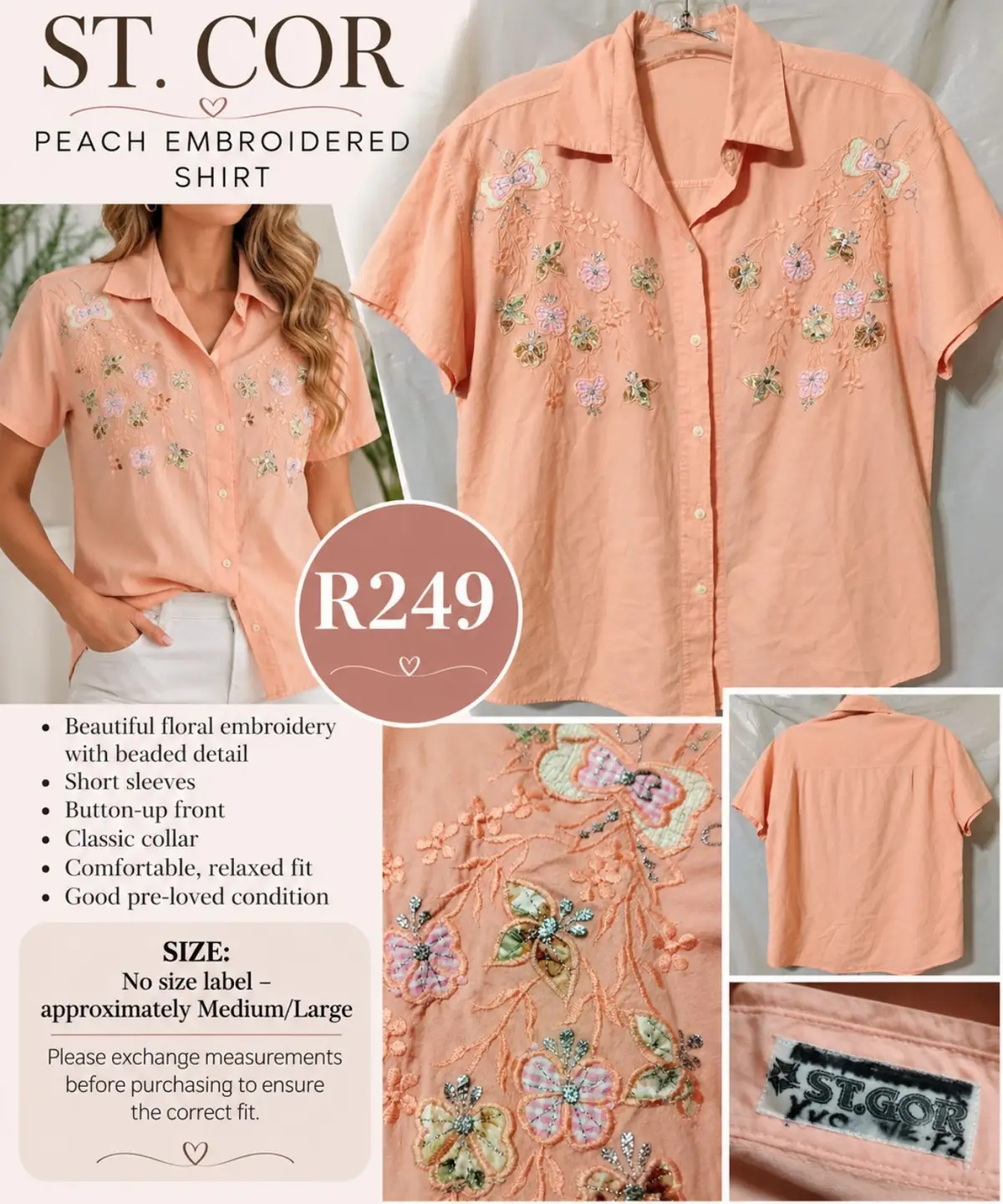 Vintage ST. GOR Peach Embroidered Button-Up Shirt