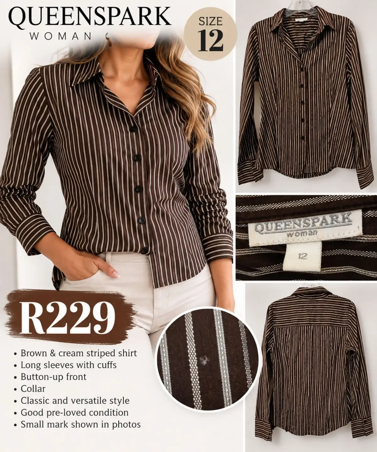 Queenspark Brown Striped Button-Up Shirt