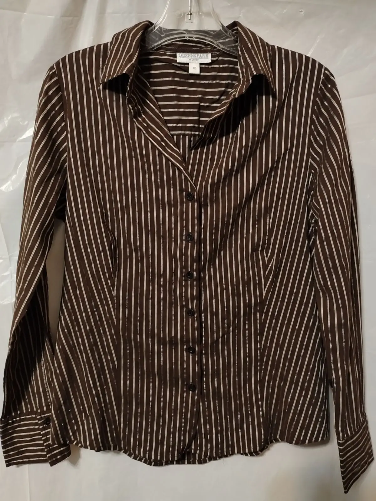 Queenspark Brown Striped Button-Up Shirt
