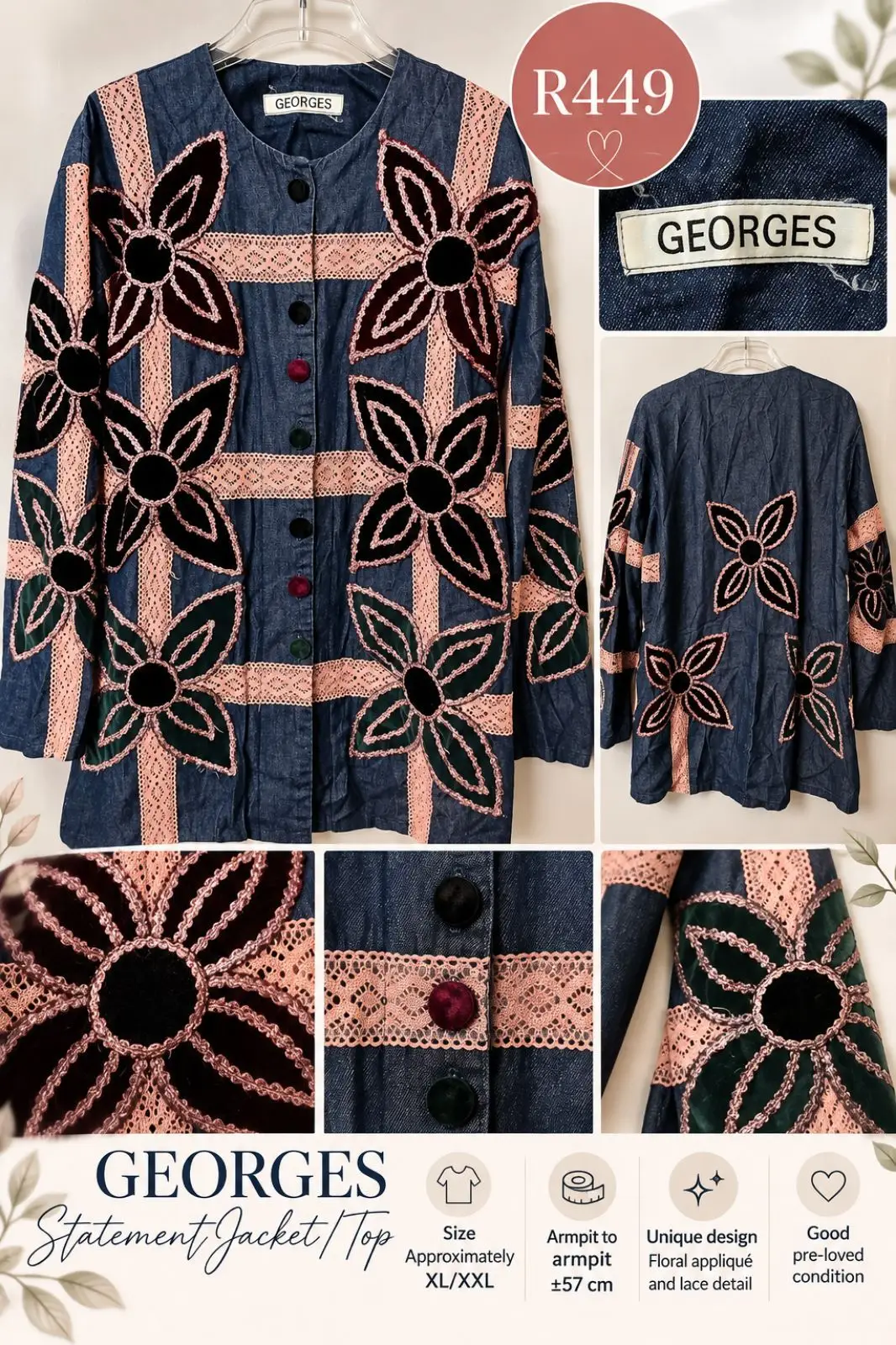 Vintage Georges Statement Denim Jacket with Floral Applique