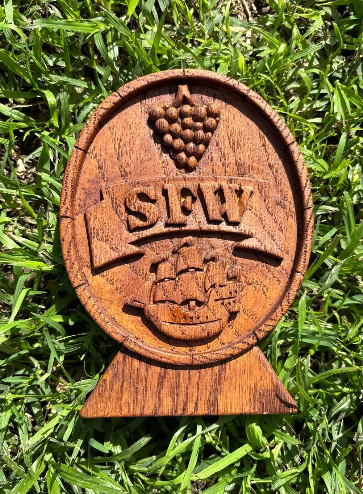 Hand Carved Wooden Plaque SFW Ship and Grapes