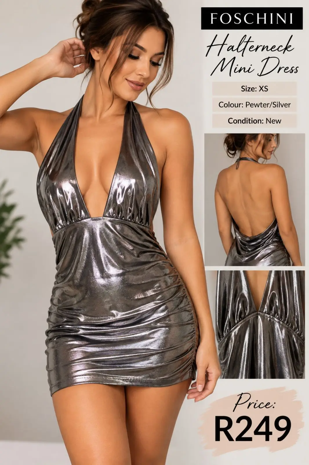 Foschini Halterneck Mini Dress Pewter Silver XS