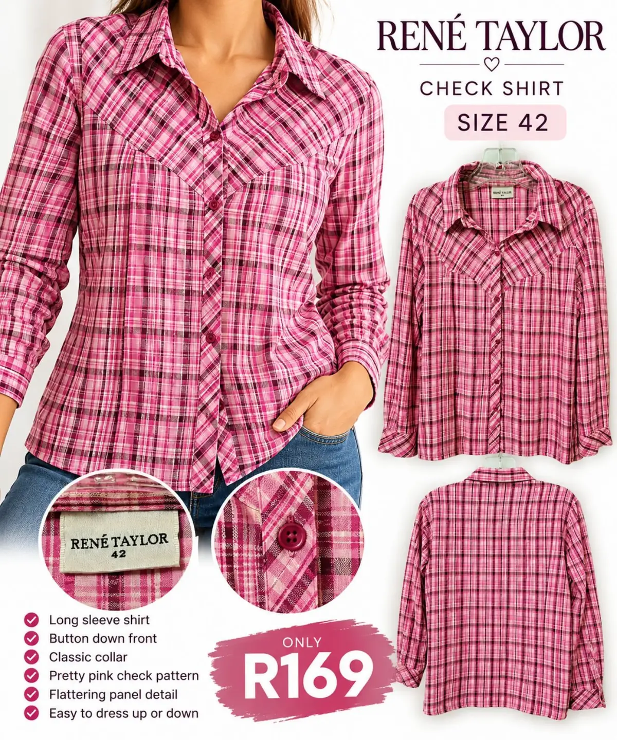 Rene Taylor Pink Check Long Sleeve Button Down Shirt Size 42