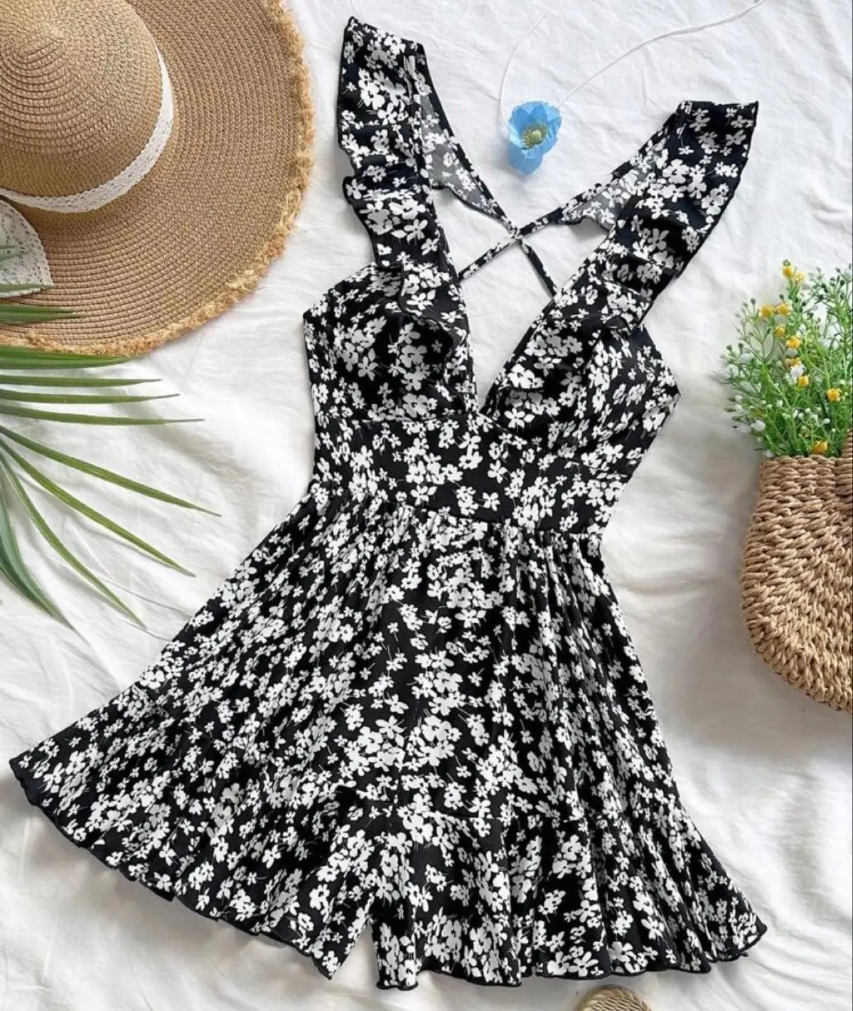 Shein Black Floral Print Ruffle Romper