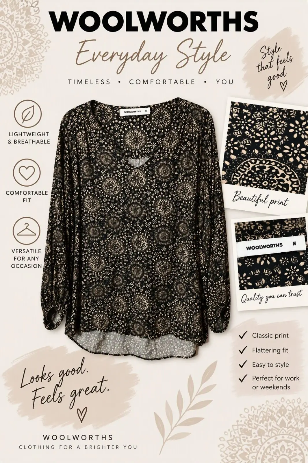 Woolworths Black & Beige Patterned Long-Sleeve Blouse