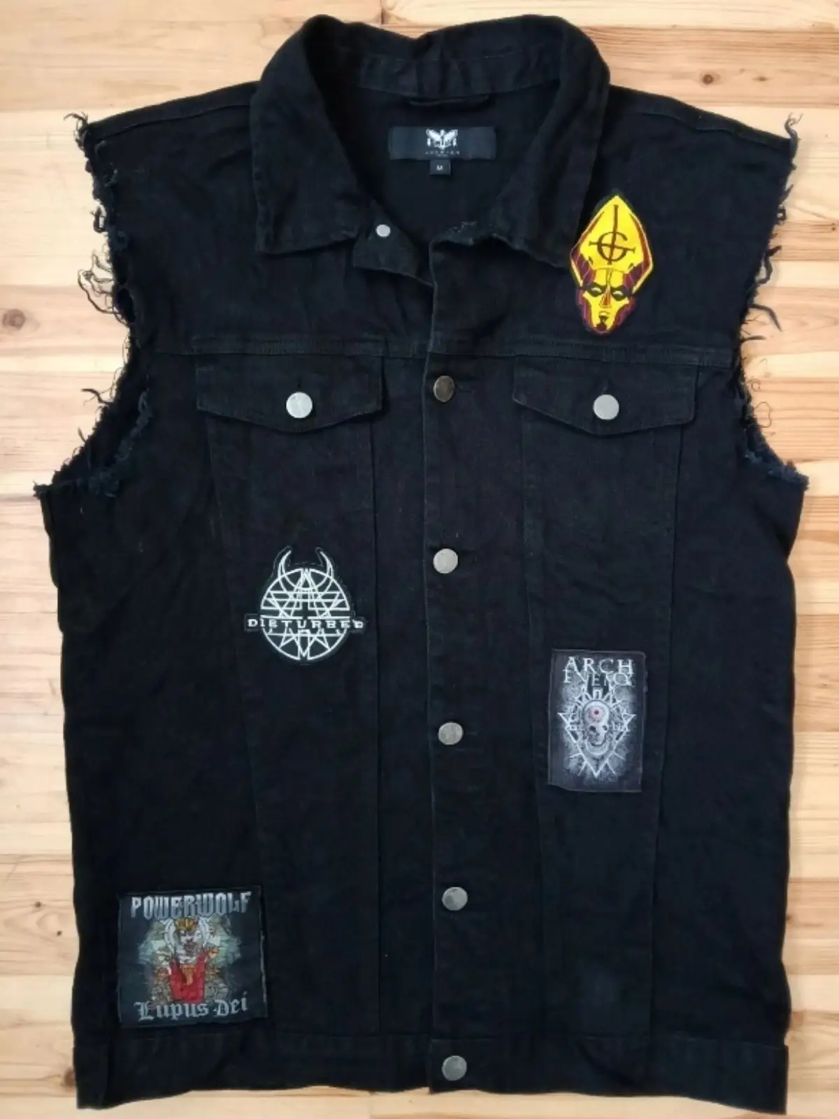 Black Denim Battle Vest with Rock Band Patches Size M