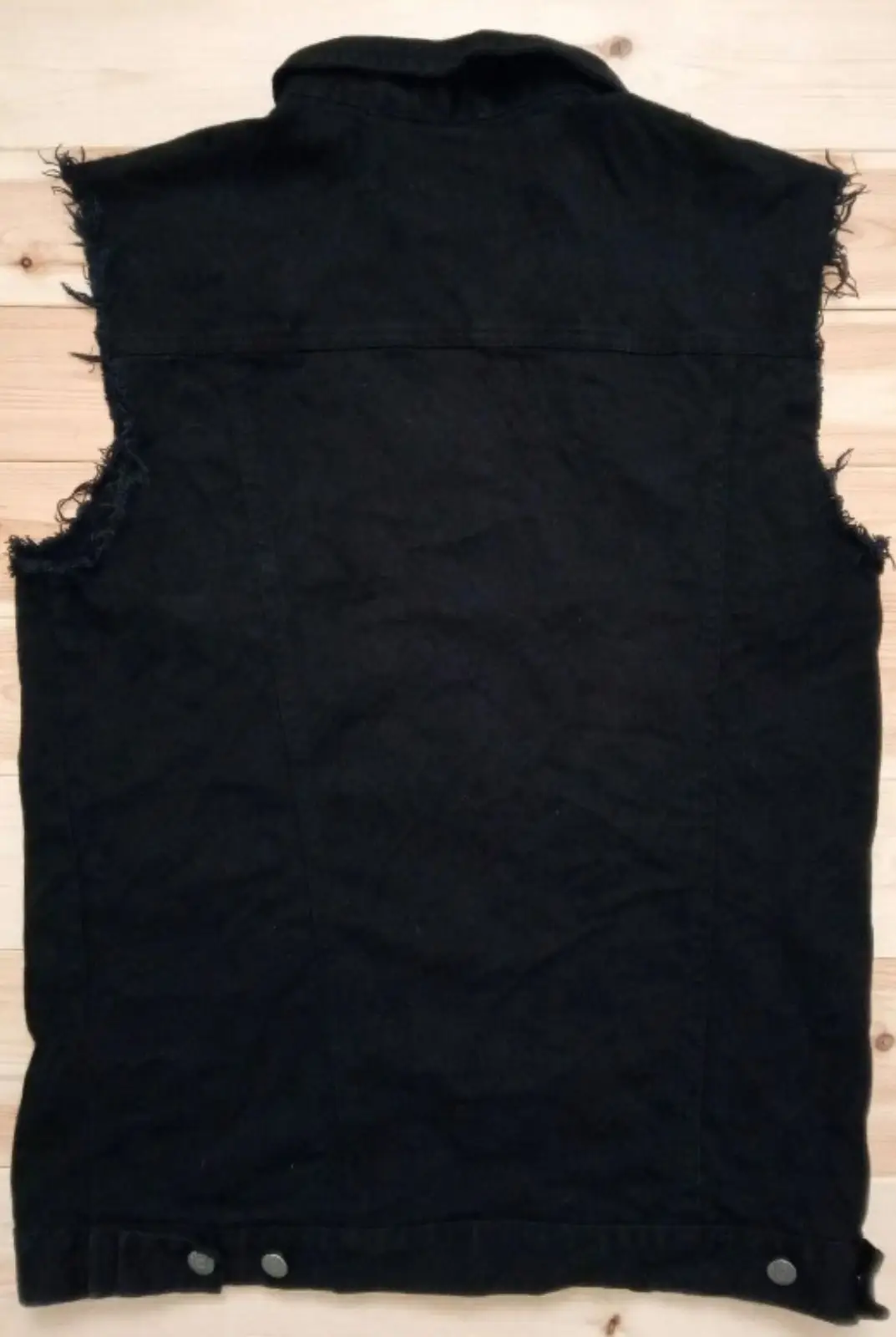 Black Denim Battle Vest with Rock Band Patches Size M