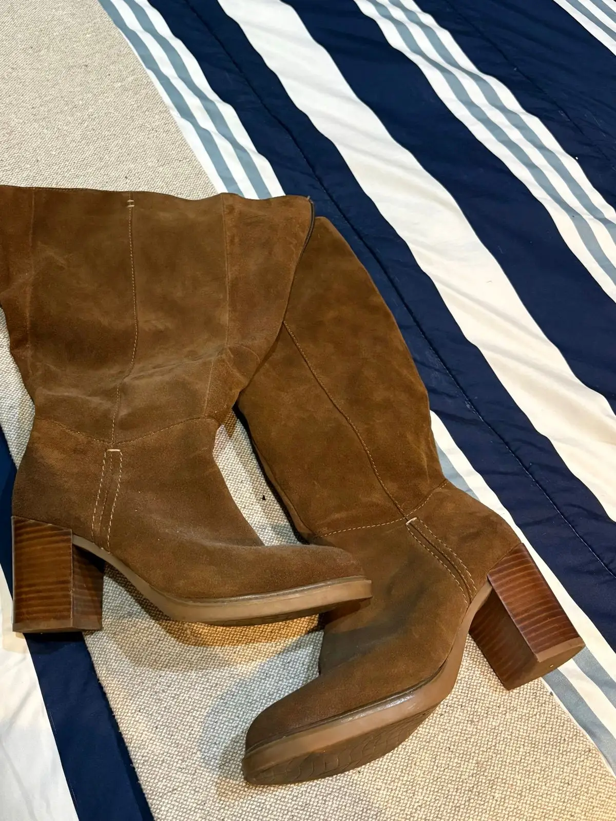 Brown Suede Knee-High Boots with Block Heel