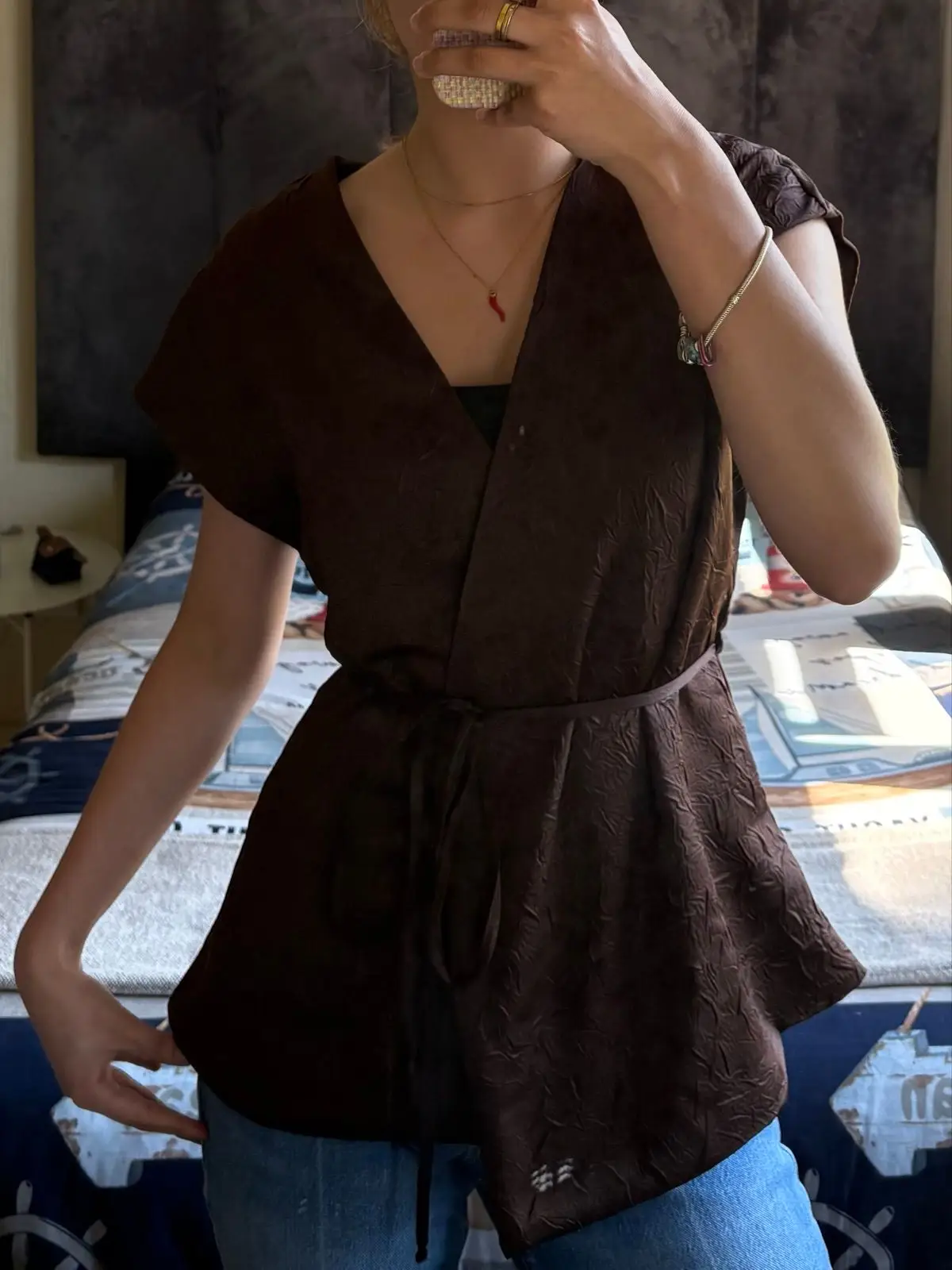 Brown Textured Wrap Top with Tie Waist