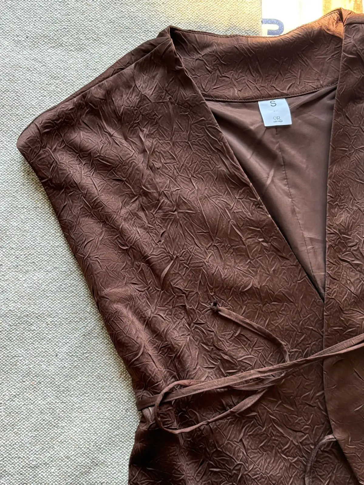 Brown Textured Wrap Top with Tie Waist