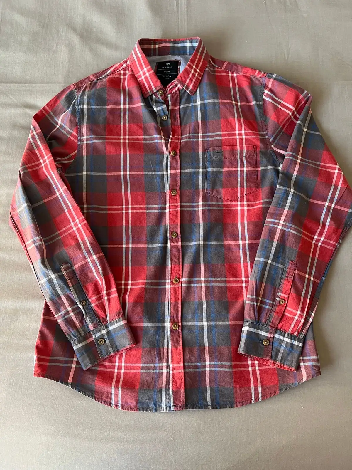 Cotton On Red Plaid Long-Sleeve Button-Up Shirt