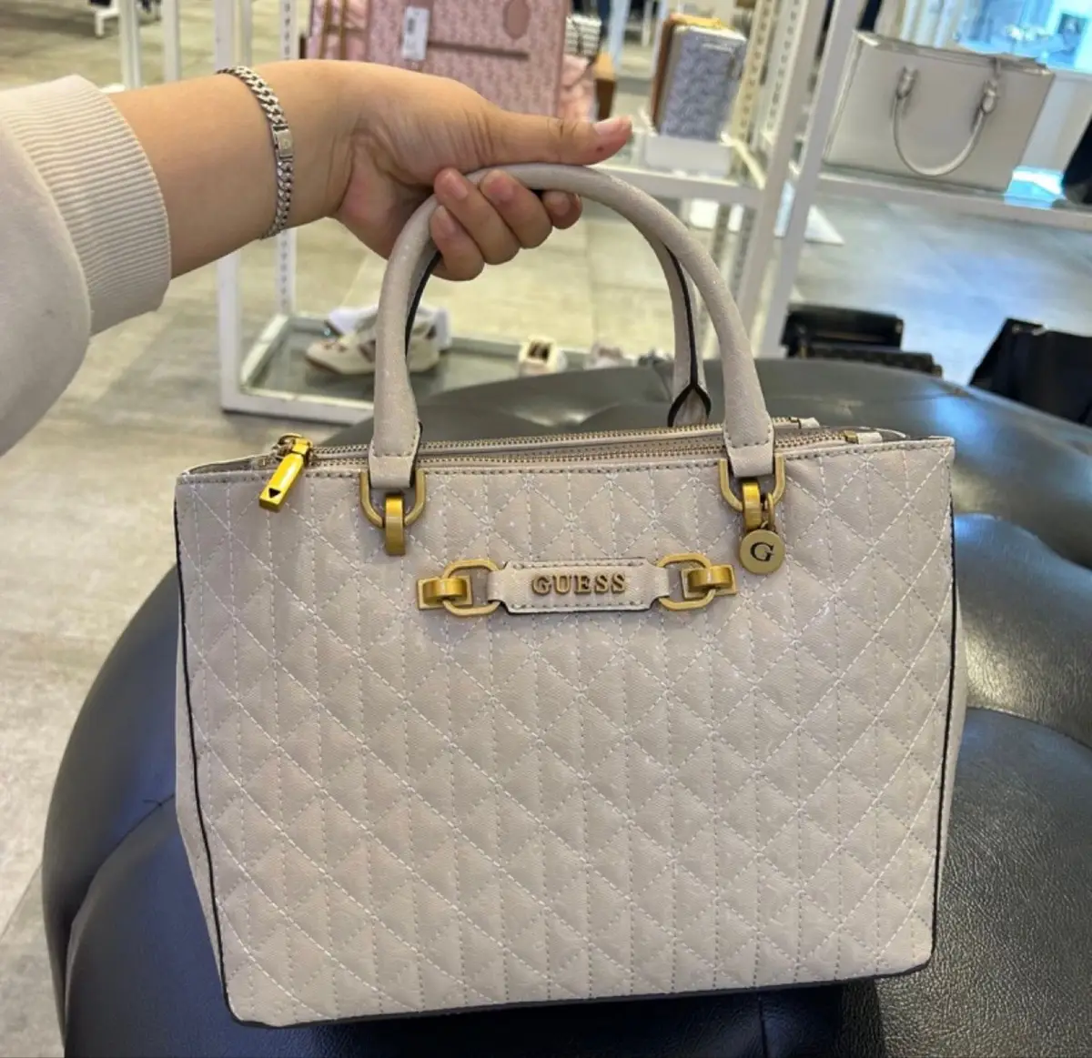 Guess Quilted Beige Handbag with Gold Hardware