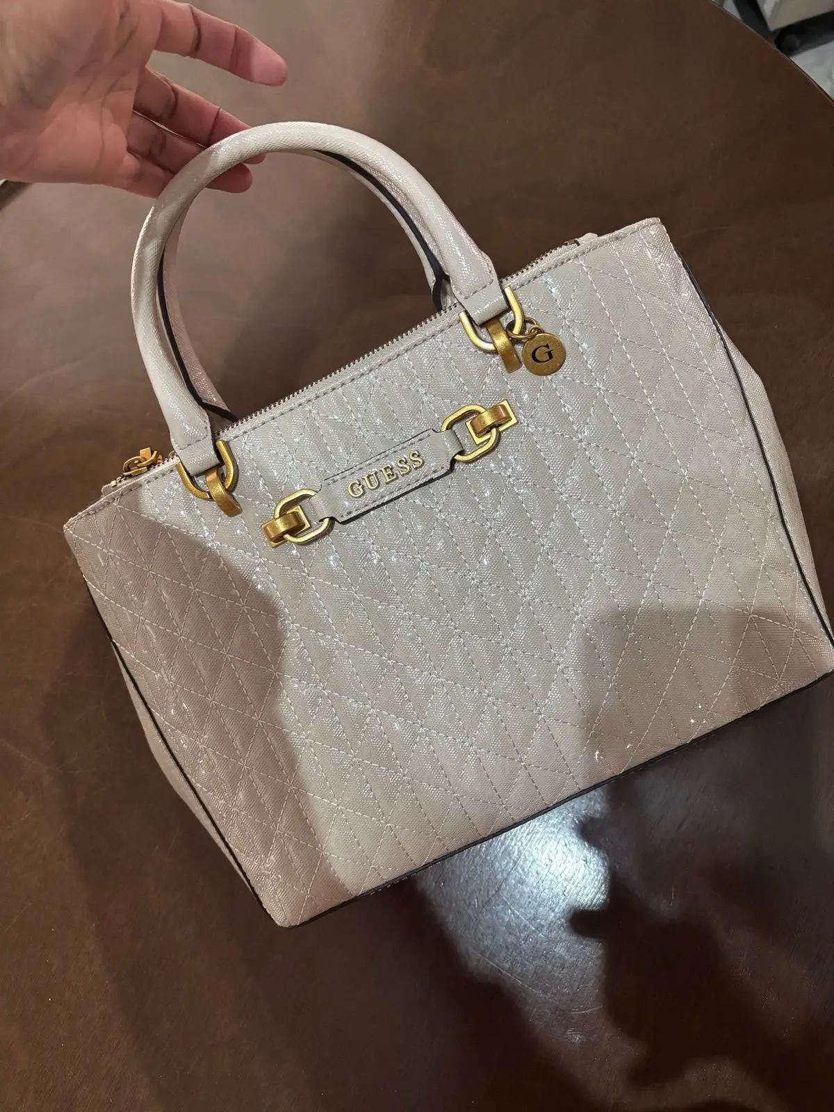 Guess Quilted Beige Handbag with Gold Hardware