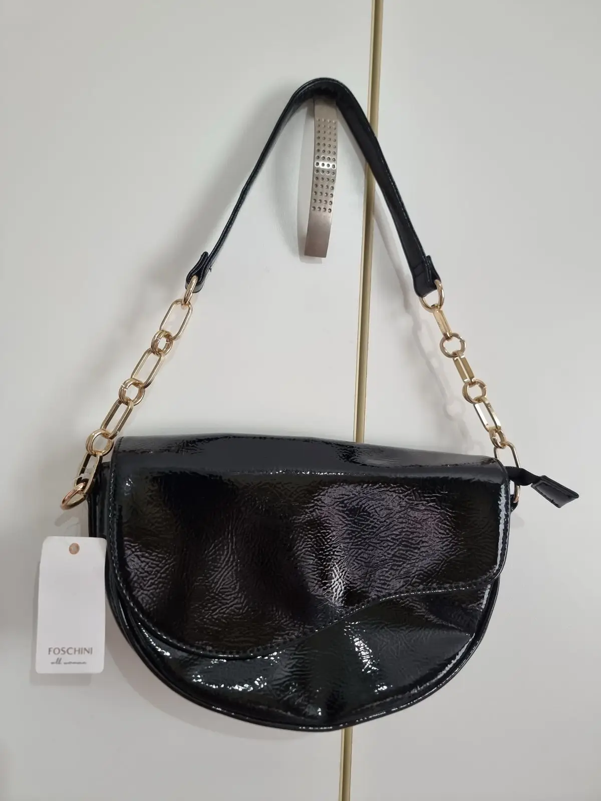 Foschini Black Patent Handbag with Gold Chain