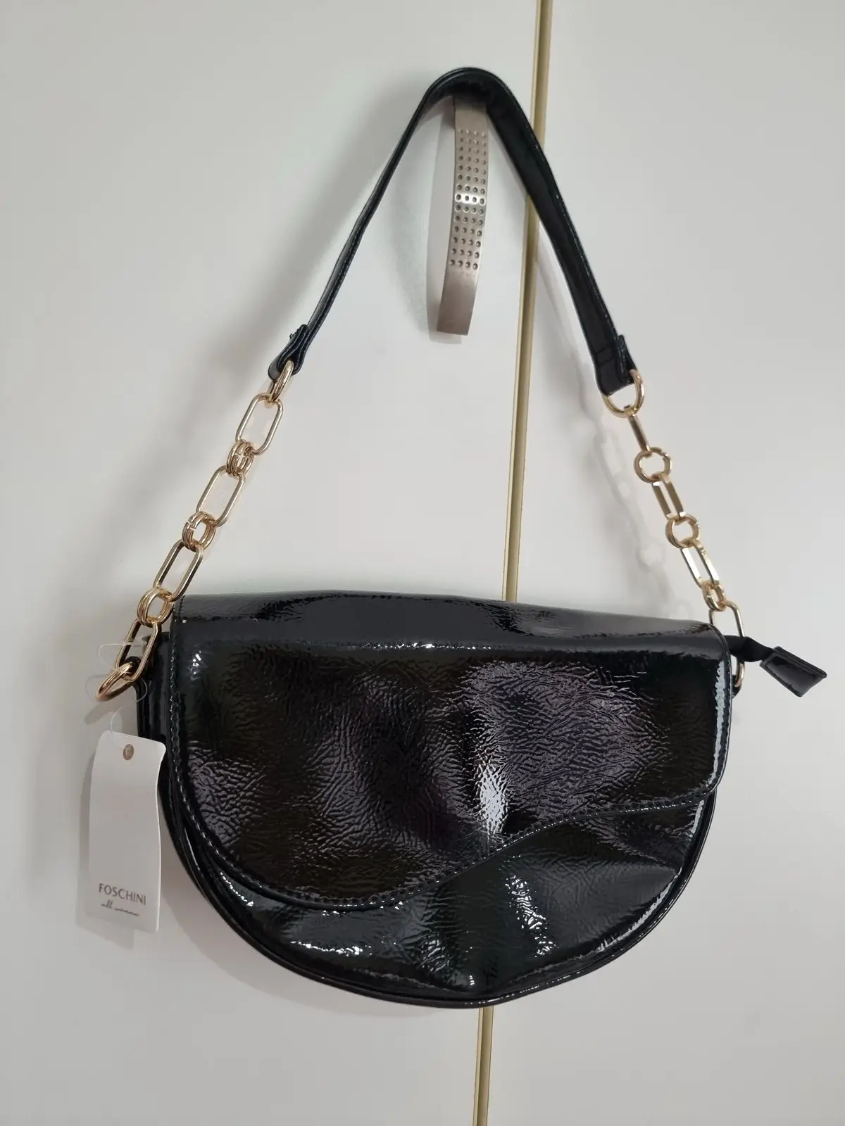 Foschini Black Patent Handbag with Gold Chain