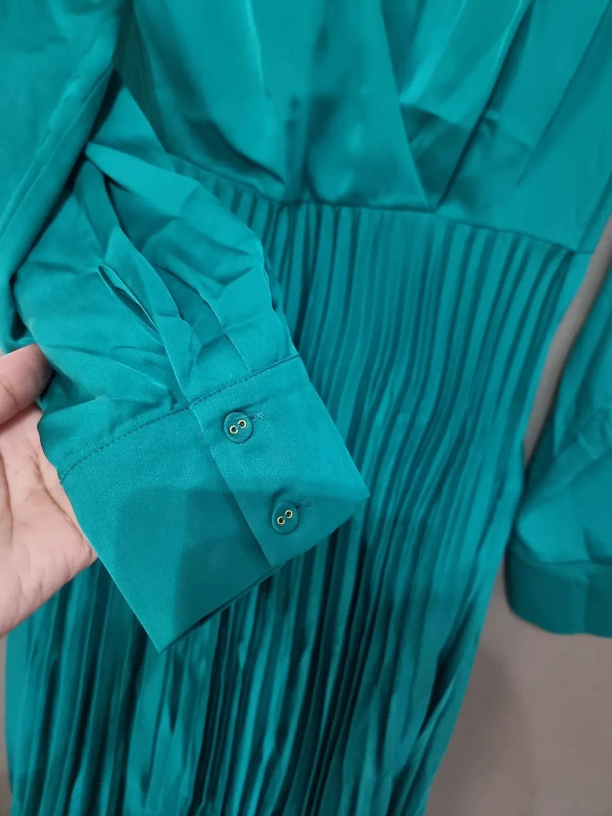 Poetry Teal Long Sleeve Pleated Midi Dress