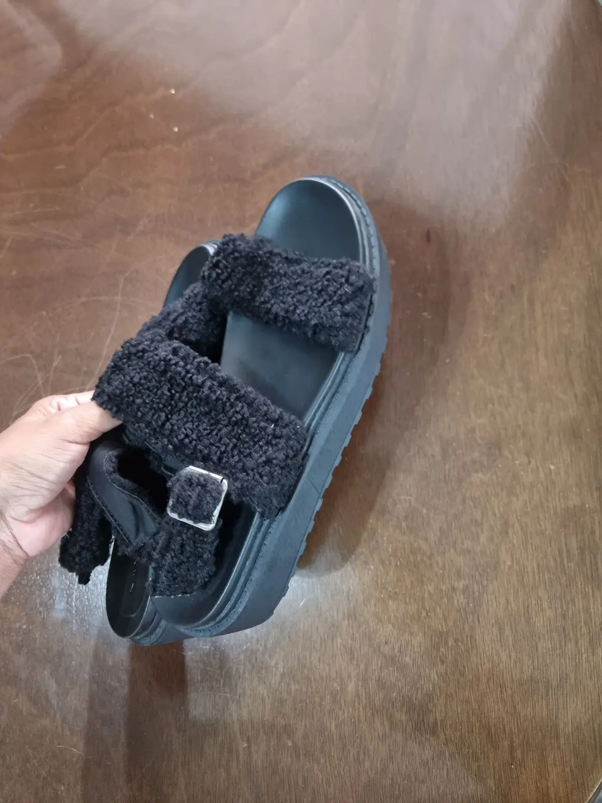 Woolworths Black Platform Shearling Sandals Size 7