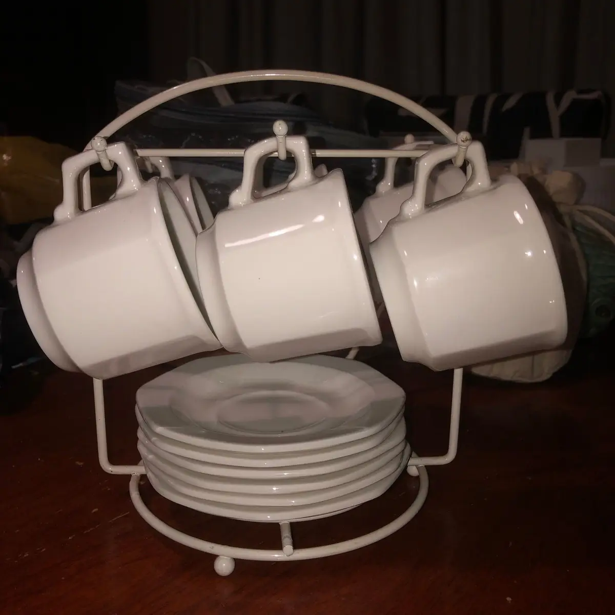 White Ceramic Cup and Saucer Set with Stand