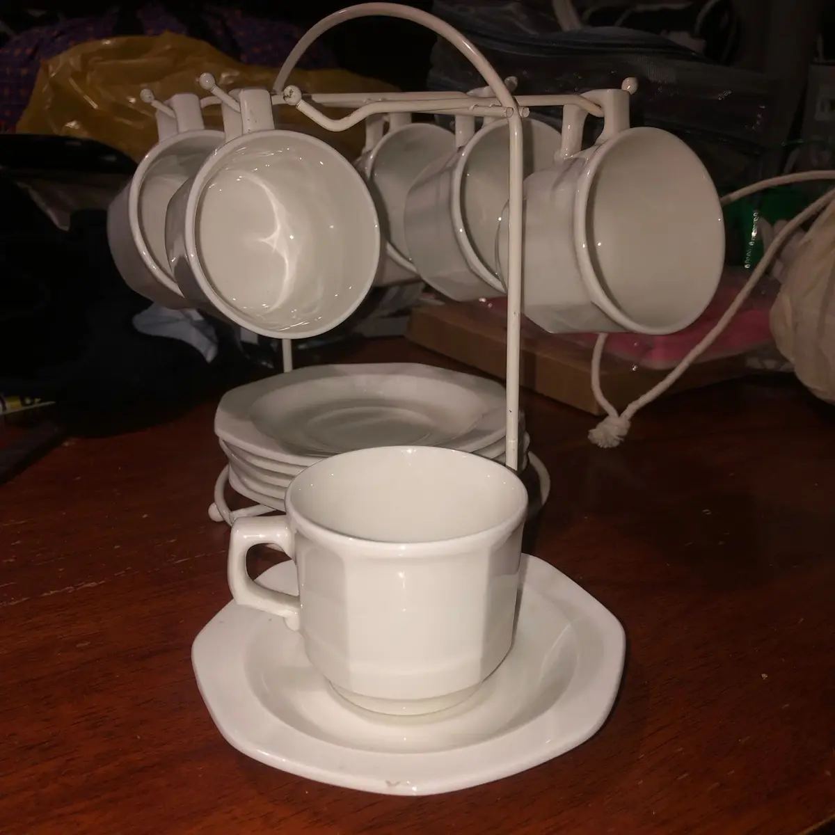 White Ceramic Cup and Saucer Set with Stand