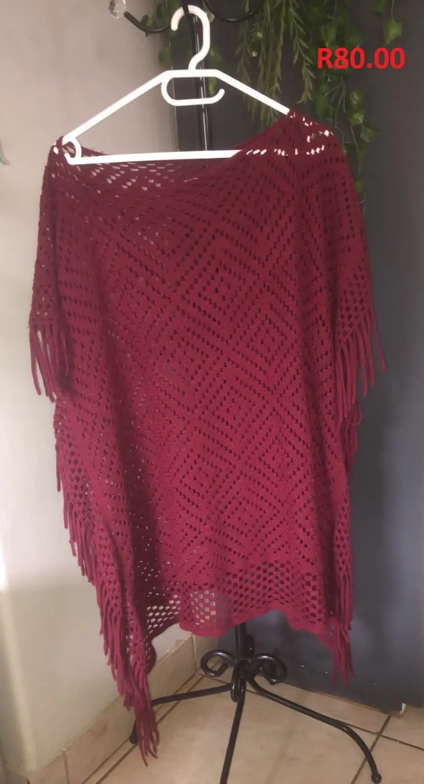 Maroon Knitted Poncho with Fringe