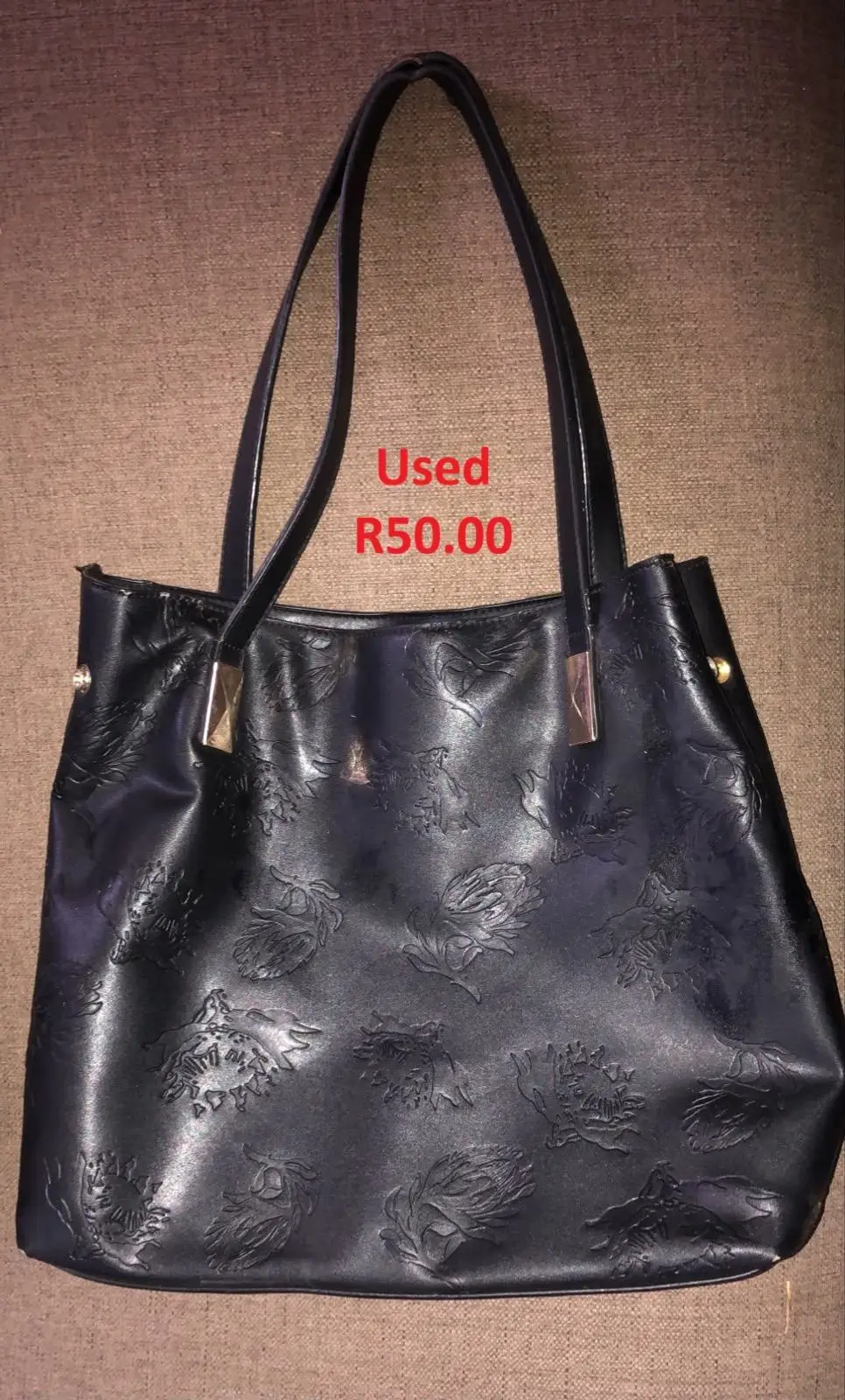 Black Embossed Floral Tote Bag