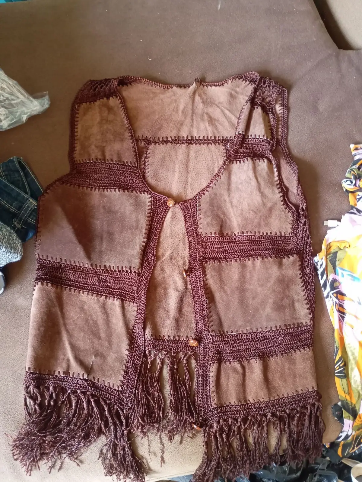 Handmade Brown Suede Crocheted Fringe Vest