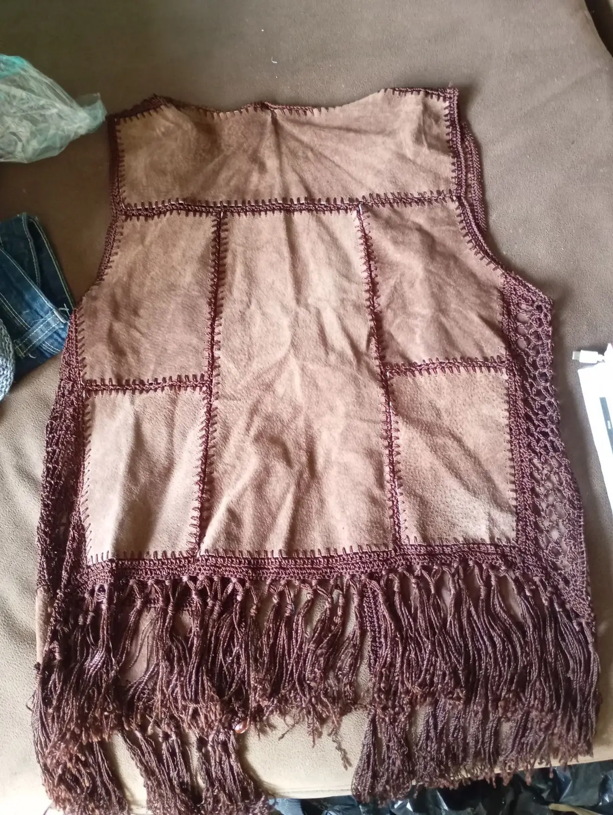 Handmade Brown Suede Crocheted Fringe Vest