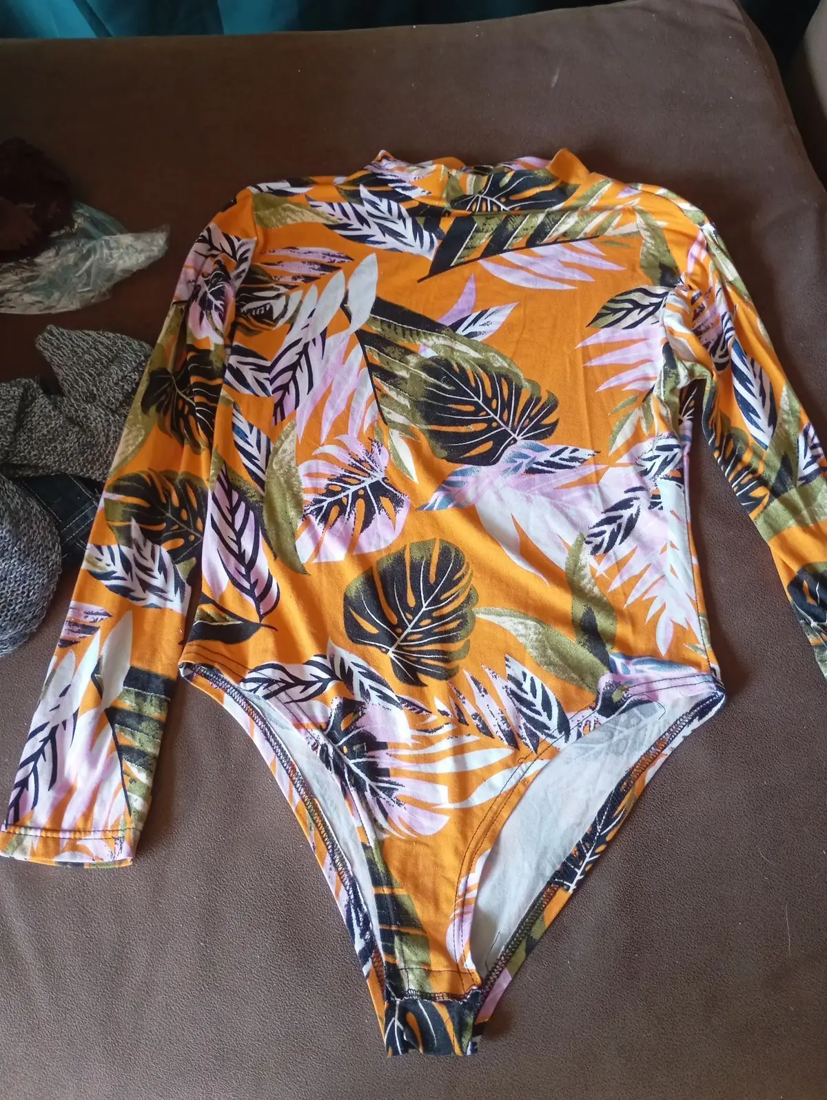 Orange Tropical Print Long Sleeve Bodysuit