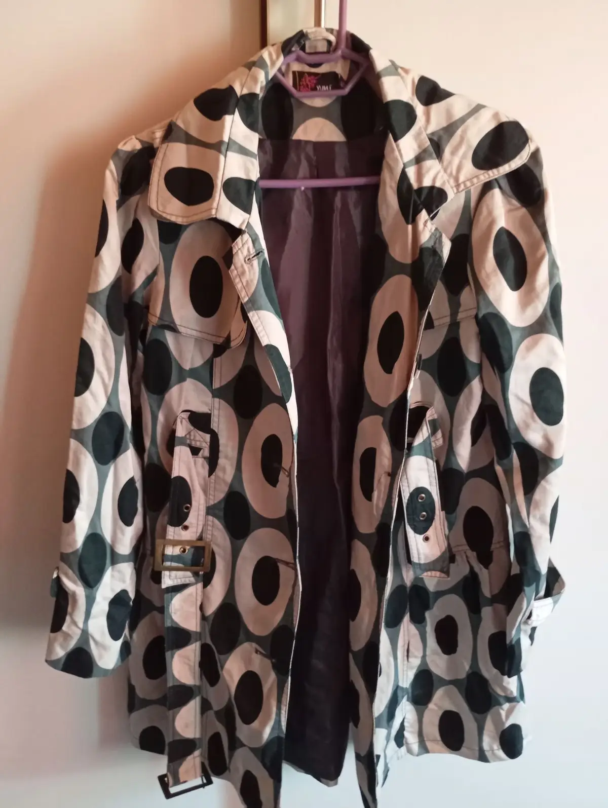 Yumi Patterned Trench Coat Green Cream