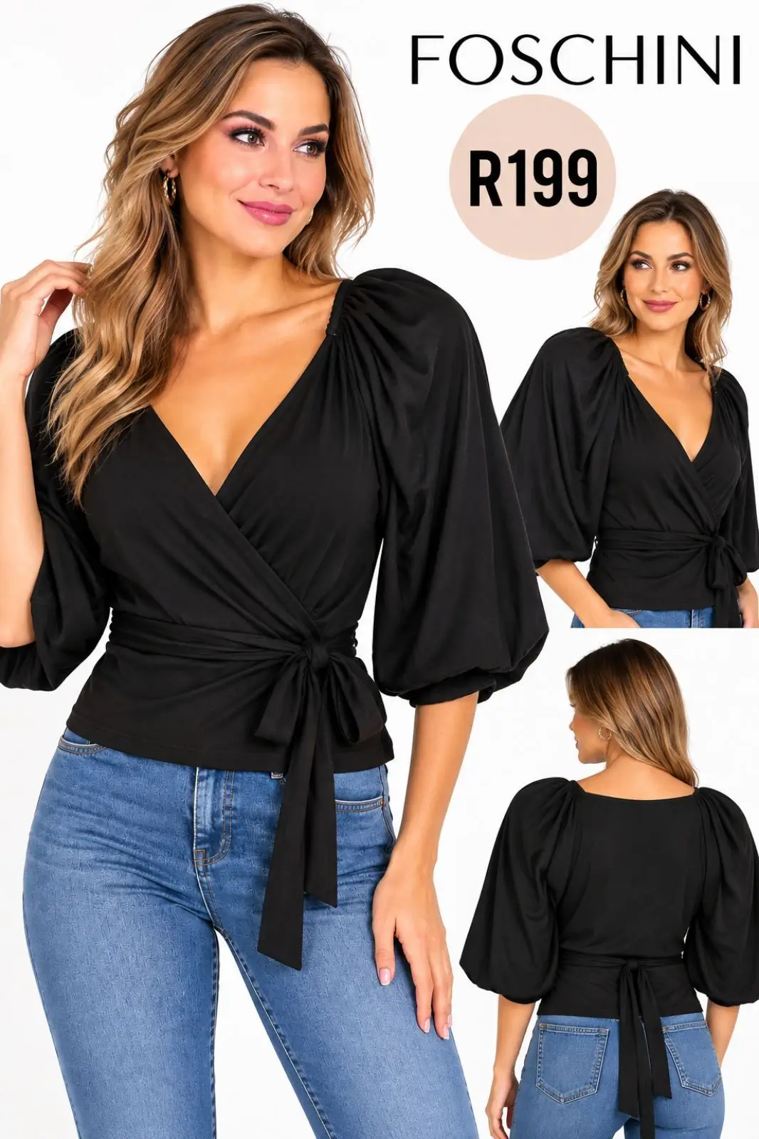 Foschini Black Puff Sleeve Wrap Top